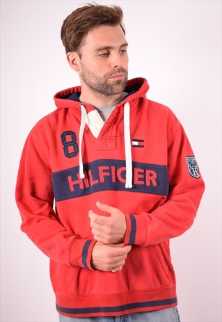 TOMMY HILFIGER MENS VINTAGE HOODIE JUMPER XL RED 90S