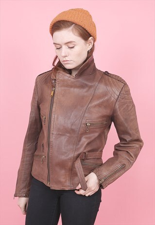 VINTAGE BROWN LEATHER BIKER JACKET /R9013