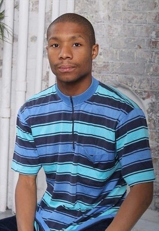 VINTAGE VALENTINO STRIPED EMBROIDERED LOGO 1/4 ZIP T-SHIRT