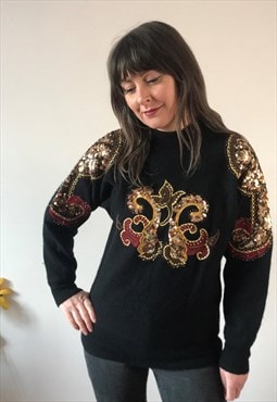 Vintage 80s Black with Gold abstract sequin detailed Jumper
