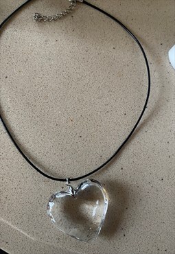 oversized clear glass puff heart pendant necklace