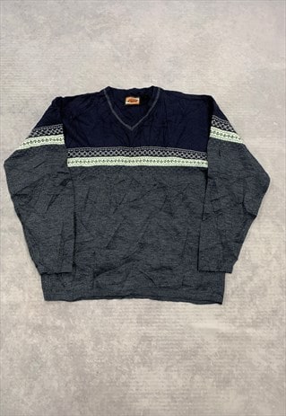 VINTAGE KNITTED JUMPER ABSTRACT PATTERNED GRANDAD SWEATER