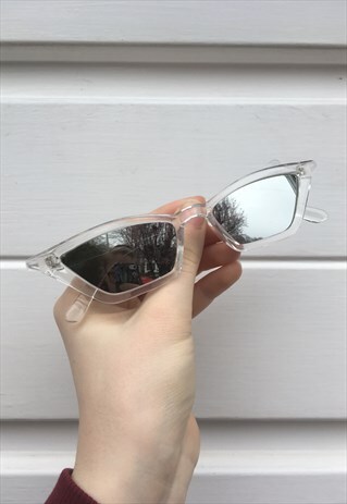 WOMENS VINTAGE 90S STYLE CLEAR SILVER THIN POINTY SUNGLASSES
