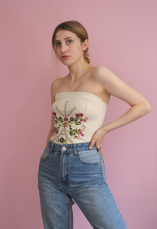 Y2K EMBROIDERED BEIGE TUBE TOP