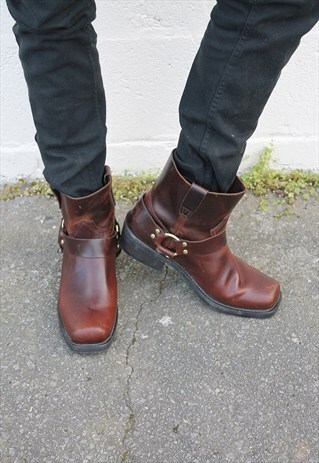 VINTAGE 90S BROWN LEATHER WESTERN/BIKER RING BOOTS UK9.5