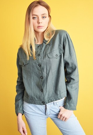 90'S RETRO MINIMALIST KHAKI GREEN LINEN JACKET TOP