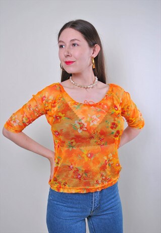 Vintage flowers orange blouse, cute retro women shirt 