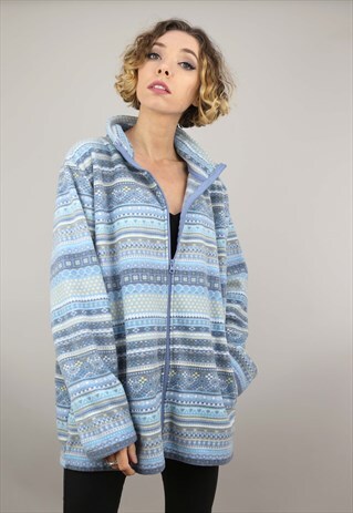 VINTAGE 90S OVERSIZED PATTERNED ZIP UP FLEECE BLUE