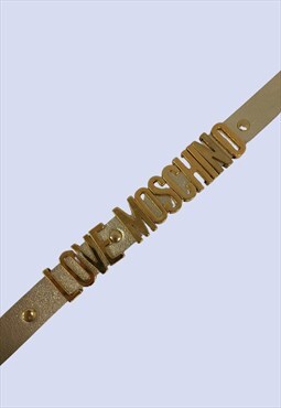 Gold Tone Metallic Leather Sliding Letters Waist Skinny Belt