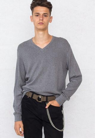 VINTAGE GREY CALVIN KLEIN V-NECK KNIT JUMPER