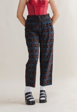 Vintage 90s Checkered Corduroy Staight Leg Crop Trousers