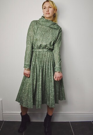 VINTAGE GREEN WOOL MIDI DRESS 70S 80S PLEAT