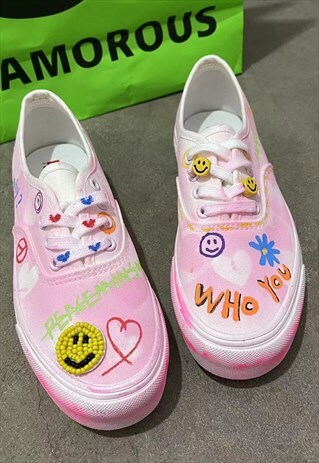 CUSTOMIZED PUNK PLIMSOLLS PEACE GRAFFITI SNEAKERS IN PINK