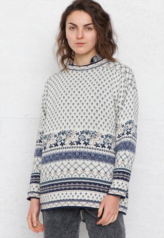 VINTAGE WHITE BLUE CREW NECK KNIT JUMPER SWEATER