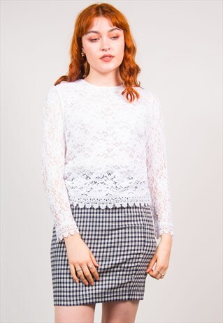 VINTAGE 90'S WHITE FLORAL LACE MESH LONG SLEEVE TOP