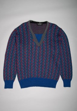 Valentino blue zig-zag pattern casual fit v-neck sweater