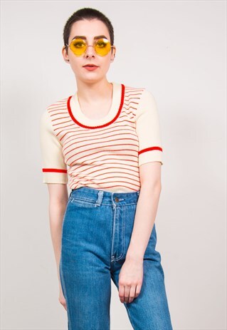 VINTAGE 70'S WHITE & RED STRIPED KNIT RIBBED TOP