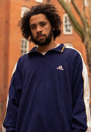 VINTAGE 90S ADIDAS COLLARED SWEATSHIRT IN NAVY AND WHITE