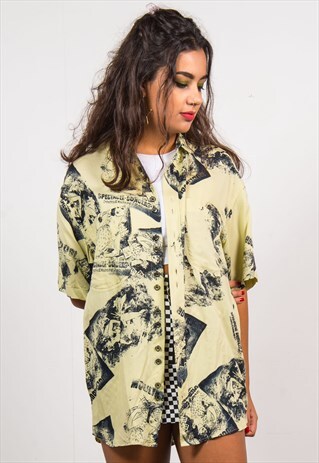 VINTAGE 90'S GREEN PATTERN SHORT SLEEVE SHIRT