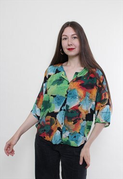 Vintage 90s multicolor blouse, colorful button up blouse
