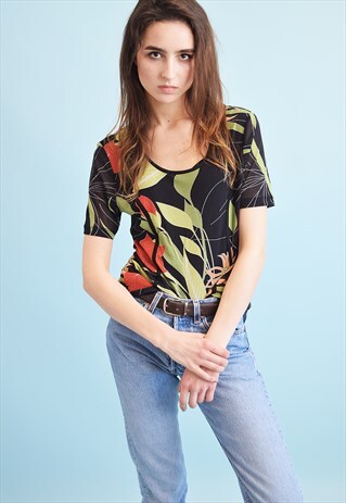 90'S RETRO ABSTRACT FLORAL PRINT KITSCH MESH MOMS TOP