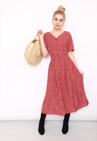 VINTAGE 90S RED FLORAL PRINT MIDI DRESS
