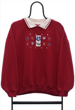 Vintage 90s Bold Spirit Embroidered Maroon Sweatshirt Womens