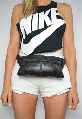 VINTAGE 90S BLACK LEATHER BUM BAG FANNY PACK GRUNGE RETRO