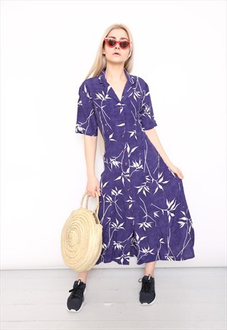 VINTAGE 90S NAVY LEAF PRINT MIDI DRESS