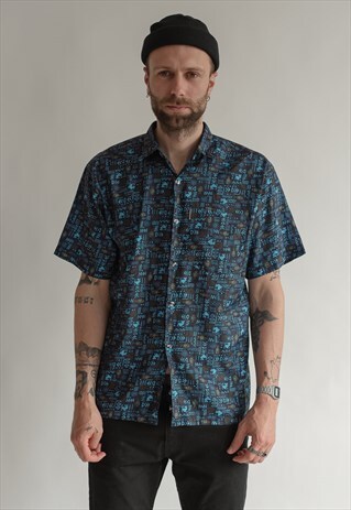 VINTAGE 80S BLUE PATTERNED SHIRT
