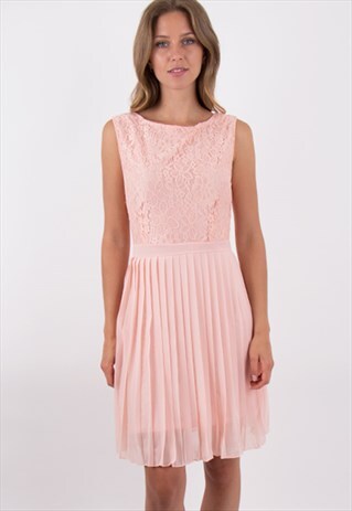 CREW NECK SLEEVELESS PLEATED BOTTOM MINI DRESS WITH LACE TOP