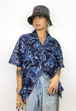 Upcycled Reworked Blue Dragon Print Shirt