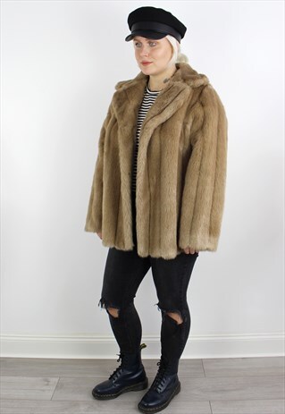 VINTAGE 1970'S BROWN TAN FAUX FUR JACKET 12 14