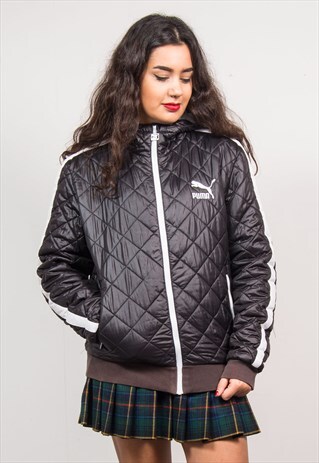 VINTAGE 90'S PUMA BLACK QUILTED HOODED JACKET COAT