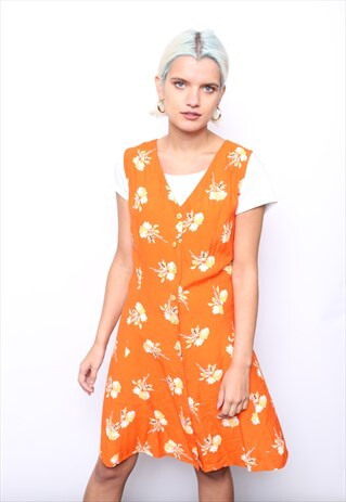 VINTAGE 90S ORANGE FLORAL PRINT BUTTON MINI DRESS