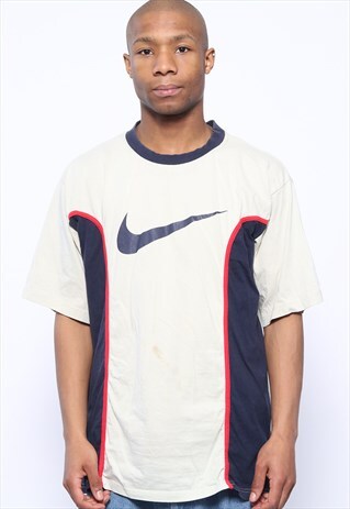 VINTAGE NIKE BIG LOGO T-SHIRT BEIGE AND BLUE