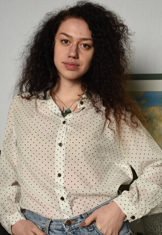 VINTAGE 80S SHEER POLKA DOT BLOUSE TOP SHIRT