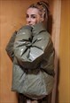 SHINY PLASTIC CROPPED BOMBER QUILTED PUFFER JACKET IN KHAKI