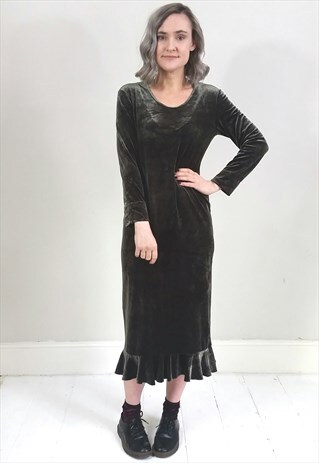 VINTAGE 90'S DEEP OLIVE GREEN CRUSHED VELVET DRESS