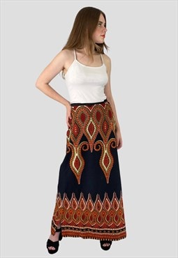 70's Vintage Ladies Skirt Maxi Black Batik Hippy Folk Medium