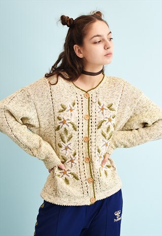 90'S RETRO JAZZY FLORAL EMBROIDERED KNIT MOMS CARDI