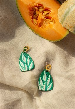 Green Painted Leaf Polymer Dangle Earrings