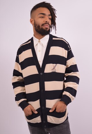 PAUL & SHARK VINTAGE CARDIGAN SWEATER LARGE BLACK STRIPE 90S