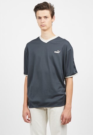 90S VINTAGE GREY PUMA LOGO V-NECK T-SHIRT