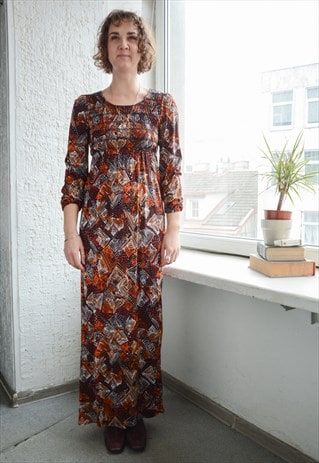 Vintage 70's Brown Patterned Bohemian Maxi Dress