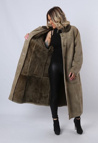 SHEEPSKIN SUEDE COAT JACKET SHEARLING 90'S LONG UK 16 (D91B)