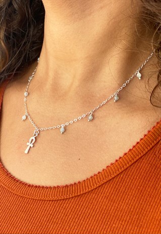 GEMSTONE ANKH KEY OF LIFE NECKLACE IN STERLING SILVER 925