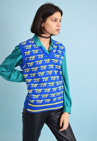 70'S RETRO MOD SLEEVELESS NUMBER 75 KNITTED JUMPER GILET