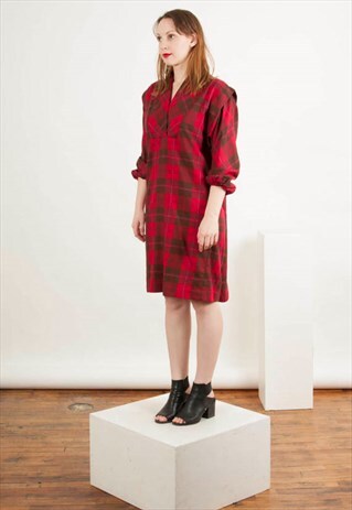 PLAID WOOL DRESS / TARTAN LONG SLEEVE DRESS