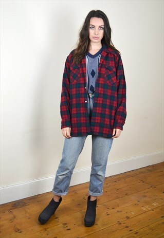 90S VINTAGE RED CHECKED JAEGER WOOL FLANNEL SHIRT